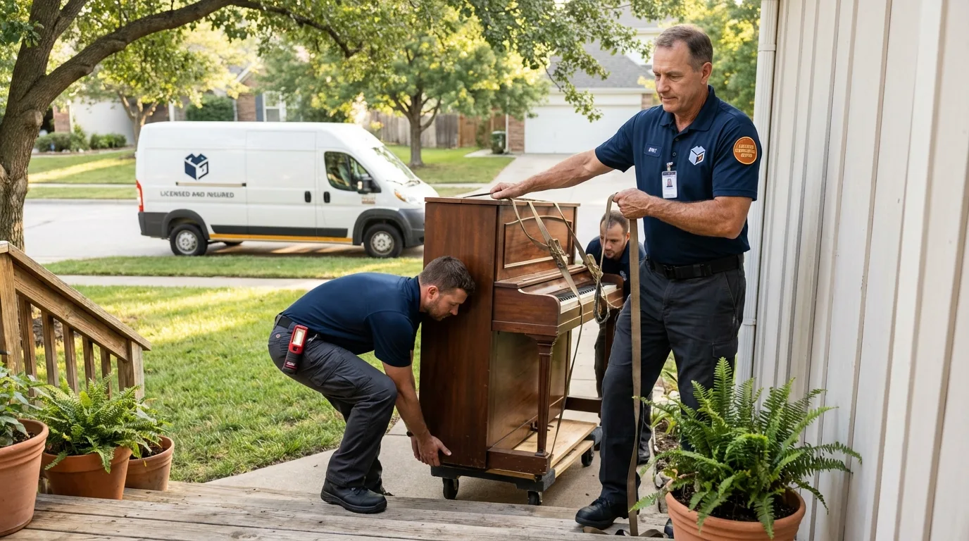 Licensed piano movers securing grand piano in Largo, FL